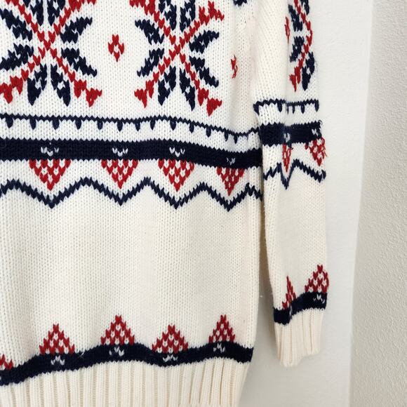 Vintage 80s Red Navy Snowflake Knit Sweater White Acrylic Pullover Grandpacore M - Picture 3 of 10